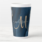 Chic Blue Glitter Agate Marble Monogram Latte Mok (Voorkant)
