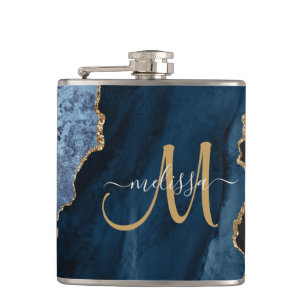 Chic Blue Glitter Agate Monogram Naam Heupfles