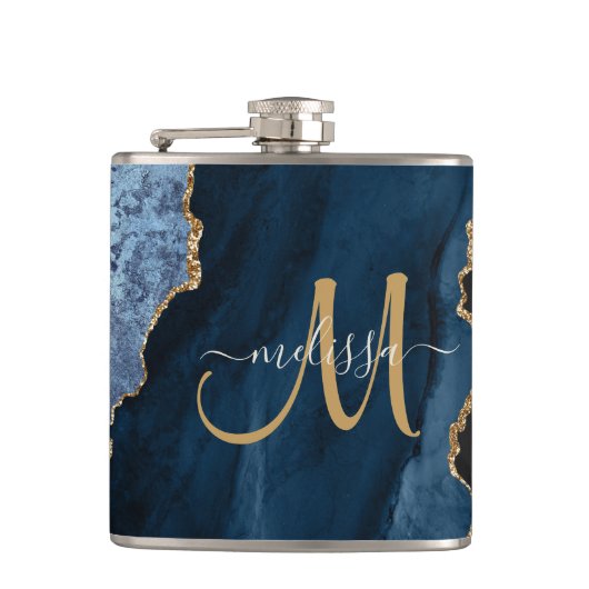 Chic Blue Glitter Agate Monogram Naam Heupfles (Voorkant)