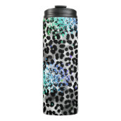 ** Chic Blue Glitter Animal Leopard Spots QR Thermosbeker (Voorkant)
