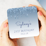 Chic Blue Glitter Drip 21st Birthday Party Kartonnen Onderzetters<br><div class="desc">Deze onderzetters van de 21ste verjaardag van de chic zijn voorzien van een dun blauwe faux glitter drip border en een blauwe ombre achtergrond. Pas hen met de naam van de gast van eer in blauw handschrift manuscript aan,  met haar verjaardag en datum hieronder in sans serif doopvont.</div>