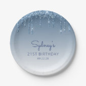 Chic Blue Glitter Drip 21st Birthday Party Papieren Bordje (Voorkant)