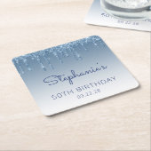 Chic Blue Glitter Drip 50th Birthday Party Kartonnen Onderzetters (Schuin)