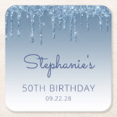 Chic Blue Glitter Drip 50th Birthday Party Kartonnen Onderzetters (Voorkant)