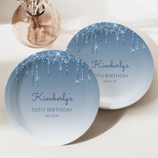 Chic Blue Glitter Drip 50th Birthday Party Papieren Bordje