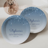 Chic Blue Glitter Drip 50th Birthday Party Papieren Bordje