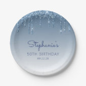 Chic Blue Glitter Drip 50th Birthday Party Papieren Bordje (Voorkant)