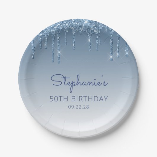 Chic Blue Glitter Drip 50th Birthday Party Papieren Bordje (Voorkant)