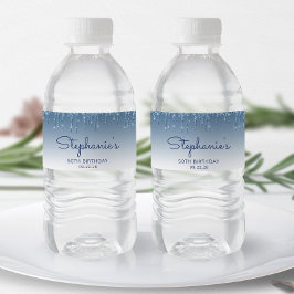 Chic Blue Glitter Drip 50th Birthday Party Waterfles Etiket