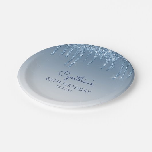 Chic Blue Glitter Drip 60th Birthday Party Papieren Bordje (Gekanteld)