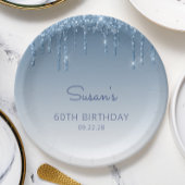 Chic Blue Glitter Drip 60th Birthday Party Papieren Bordje