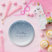 Chic Blue Glitter Drip 90th Birthday Party Papieren Bordje (Feest)