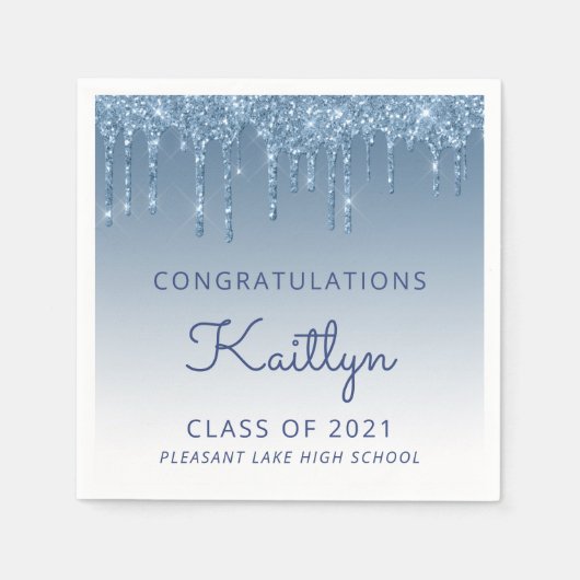 Chic Blue Glitter Drip Afstuderen Servet (Voorkant)
