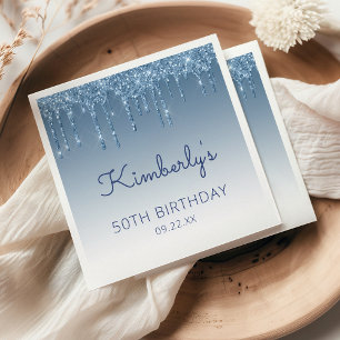 Chic Blue Glitter Drip Birthday Party Servet