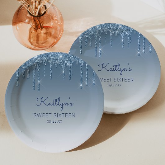 Chic Blue Glitter Drip Sweet 16 Birthday Party Papieren Bordje
