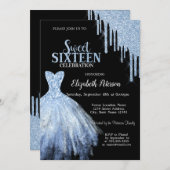 Chic Blue Glitter Drips Blauwe Jurk Zwart Kaart (Voorkant / Achterkant)