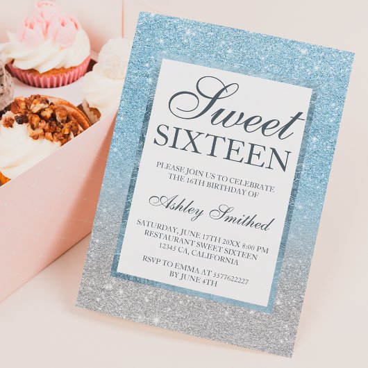 Chic blue glitter elegant budget Sweet 16 Silver
