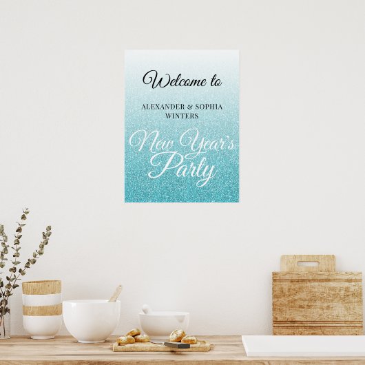 Chic Blue Glitter New Years Party Welkom Poster (Keuken)