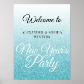 Chic Blue Glitter New Years Party Welkom Poster (Voorkant)