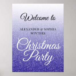 Chic Blue Glitter Ombre Kerstparty Welkom Poster