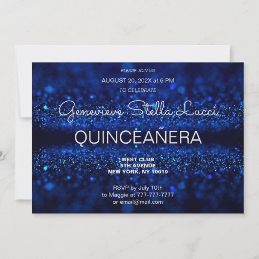 Chic Blue Glitter Quinceañera Party Invitation Kaart (Voorkant)