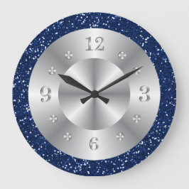 Chic Blue Glitter Silver Numbers Large Clock Grote Klok