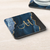 Chic Blue Gold Agate Script Monogram aangepast Bier Onderzetter (Linkerzijde)