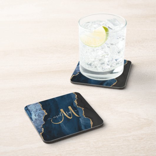 Chic Blue Gold Agate Script Monogram aangepast Bier Onderzetter (Rechterzijde)