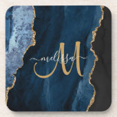 Chic Blue Gold Agate Script Monogram aangepast Bier Onderzetter (Voorkant)