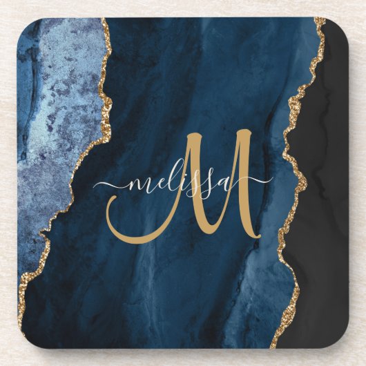 Chic Blue Gold Agate Script Monogram aangepast Bier Onderzetter (Voorkant)