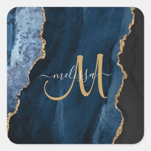 Chic Blue Gold Agate Script Monogram aangepast Vierkante Sticker (Voorkant)