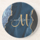 Chic Blue Gold Agate Script Monogram aangepast Zandsteen Onderzetter (Voorkant)