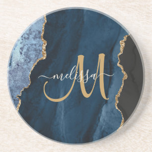 Chic Blue Gold Agate Script Monogram aangepast Zandsteen Onderzetter