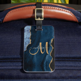 Chic Blue Gold Glitter Agate Custom Monogram Bagagelabel