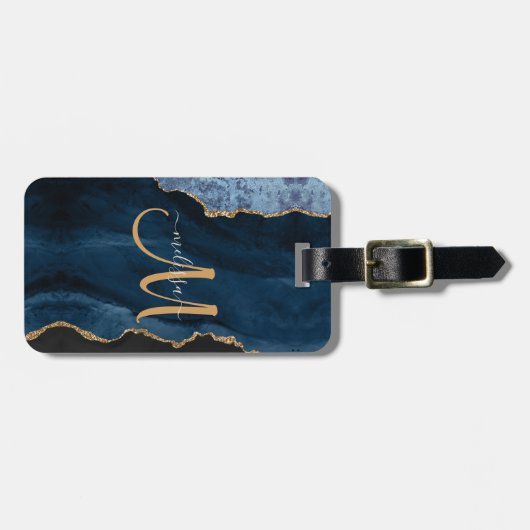 Chic Blue Gold Glitter Agate Custom Monogram Bagagelabel (Voorkant horizontaal)
