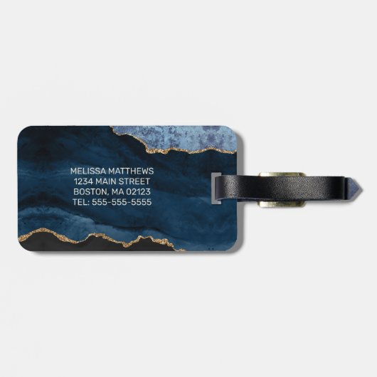 Chic Blue Gold Glitter Agate Custom Monogram Bagagelabel (Achterkant horizontaal)