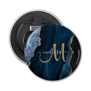 Chic Blue Gold Glitter Agate Custom Monogram Button Flesopener