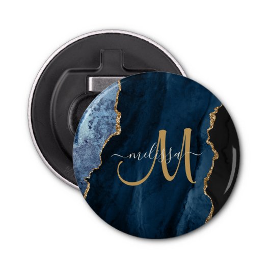 Chic Blue Gold Glitter Agate Custom Monogram Button Flesopener (Voorkant)