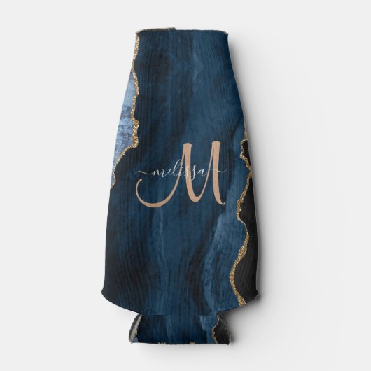 Chic Blue Gold Glitter Agate Custom Monogram Flesjeskoeler (Voorkant)