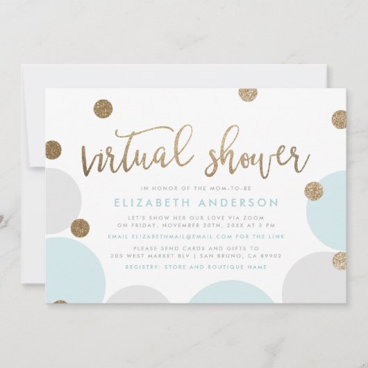 Chic Blue & Gold Glitter Confetti Virtual Shower Kaart (Voorkant)