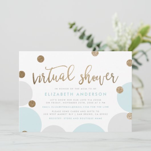 Chic Blue & Gold Glitter Confetti Virtual Shower Kaart (Staand voorkant)