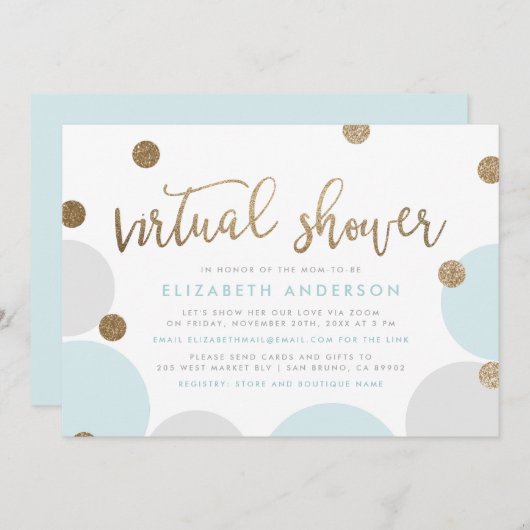 Chic Blue & Gold Glitter Confetti Virtual Shower Kaart (Voorkant / Achterkant)