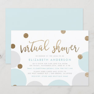 Chic Blue & Gold Glitter Confetti Virtual Shower Kaart