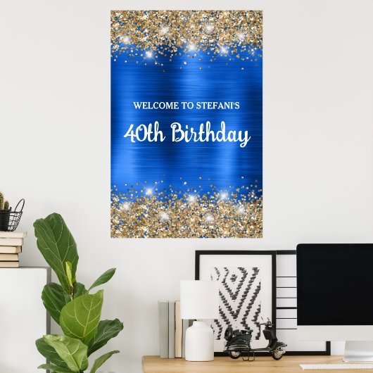 Chic Blue Gold Glittery Folie 40e Verjaardag Welko Poster (Thuiskantoor)