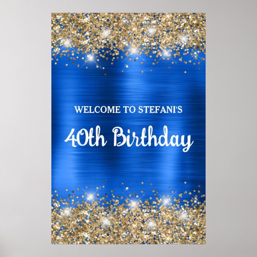 Chic Blue Gold Glittery Folie 40e Verjaardag Welko Poster (Voorkant)