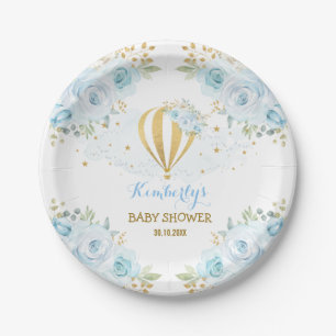 Chic Blue Gold Hot Air ballon Floral Baby shower Papieren Bordje