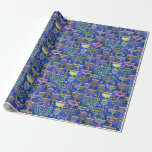 Chic Blue Gold Menorah Star van David Hanukkah Cadeaupapier<br><div class="desc">Op dit vakantiepapier is een chic-patroon te zien van gouden,  groene en paarse menorah en gouden ster van David op een blauwe achtergrond. Ontworpen door de wereldberoemde kunstenaar Tim Coffey.</div>