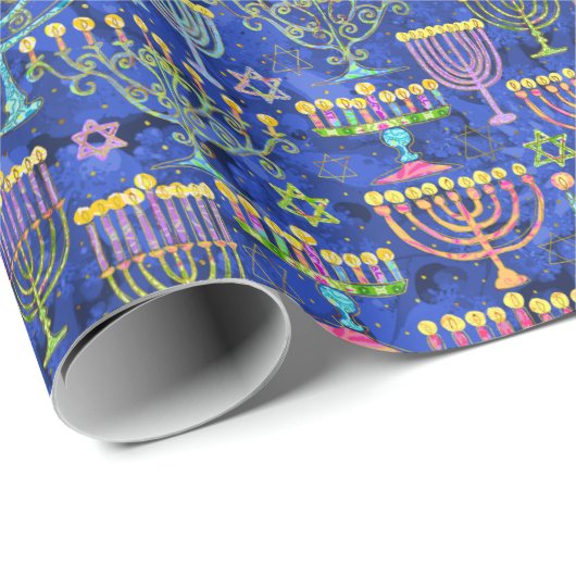 Chic Blue Gold Menorah Star van David Hanukkah Cadeaupapier (Rol Hoek)