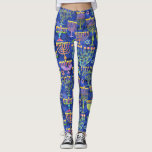 Chic Blue Gold Menorah Star van David Hanukkah Leggings<br><div class="desc">Deze vakantie-leggings vertonen een griezelig patroon van gouden,  groene en paarse menorah en gouden ster van David op een blauwe achtergrond. Ontworpen door de wereldberoemde kunstenaar Tim Coffey.</div>