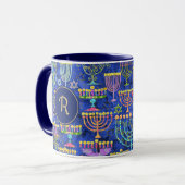 Chic Blue Gold Menorah Star van David Hanukkah Mok (Voorkant links)